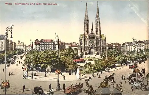 Wien Votivkirche und Maximilianplatz Strassenbahn Pferdekutsche Kat. Wien