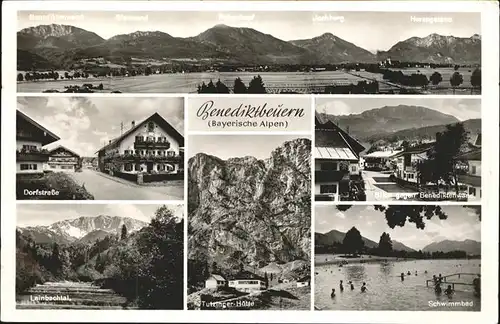 Benediktbeuern Panorama Dorfstrasse Lainbachtal Tutzinger Huette Schwimmbad Blick gegen Benediktinenwand Kat. Benediktbeuern