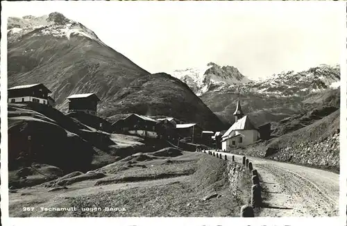 Tschamutt Graubuenden Panorama gegen Badus Kapelle