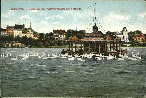 Hamburg Aussenalster mit Fuetterungsstelle der Schwaene Kat. Hamburg