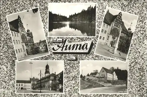 Auma Rathaus Postsaeule Sophienbad Marktplatz Jugendheim Kat. Auma