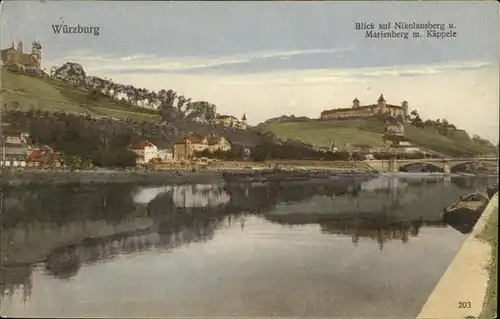 Wuerzburg Blick auf Nikolausberg und Marienberg mit Kaeppele Main Bruecke Kat. Wuerzburg