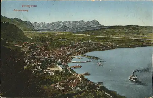 Bregenz Vorarlberg Panorama mit Bodensee und Alpenblick Hafen Dampfer