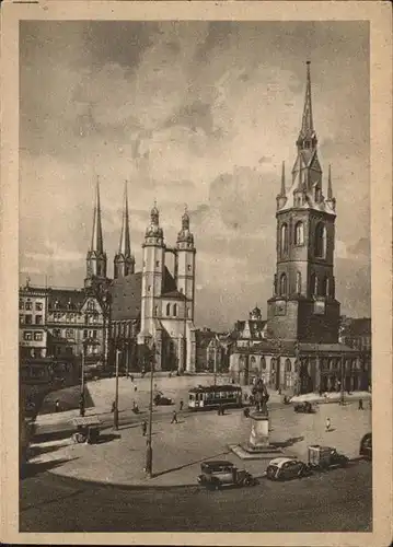 Halle Saale Marktplatz mit Marienkirche und Roter Turm Denkmal Strassenbahn Kat. Halle