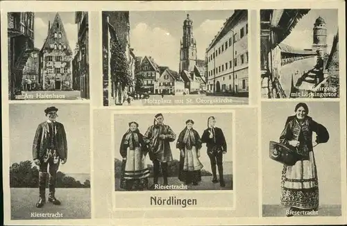 Noerdlingen Hafenhaus Holzplatz mit St. Georgskirche Wehrgang mit Loepsingertor Riesertracht Kat. Noerdlingen