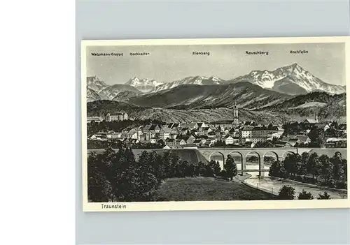 Traunstein Oberbayern Panorama mit Chiemgauer Alpen Traun Bruecke