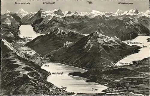 kk13652 Zug ZG Panoramakarte Vierwaldstaetter See und Umgebung Kategorie. Zug Alte Ansichtskarten