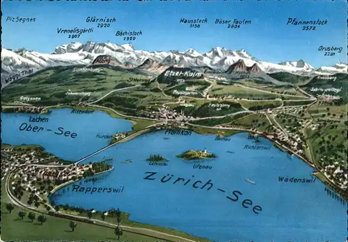 Zuerichsee Panoramakarte mit Umgebung / Zuerich /Bz. Zuerich City