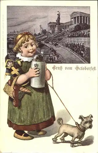 Muenchen Oktoberfest Maedchen mit Krug Hund  Kat. Muenchen