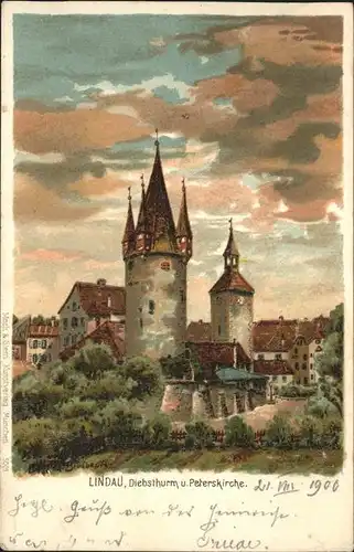 Lindau Bodensee Diebsthurm und Peterskirche Kuenstlerkarte Kat. Lindau (Bodensee)