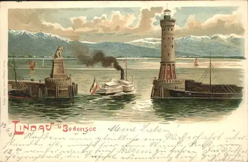 Lindau Bodensee Hafeneinfahrt Schiff Leuchtturm Bayrischer Loewe Alpenblick Kat. Lindau (Bodensee)