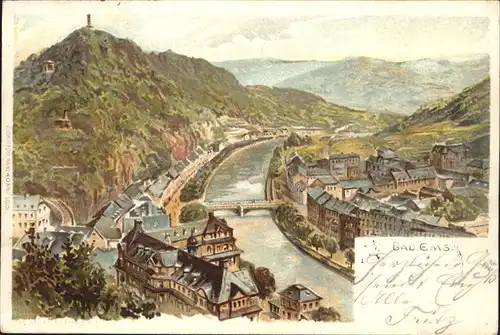 Bad Ems Panorama Lahn Bruecke Kuenstlerkarte Kat. Bad Ems