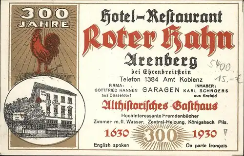 Arenberg Koblenz Hotel Restaurant Roter Hahn Historisches Gasthaus Kat. Koblenz