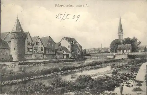 Pforzheim Partie an unteren Au Bruecke Kirche Turm Kat. Pforzheim