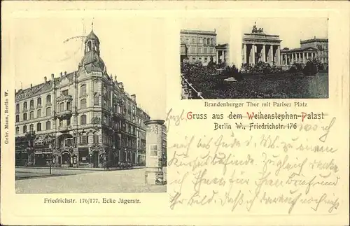 Berlin Brandenburger Thor mit Pariser Platz Friedrichsstrasse Jaegerstrasse Litfassaeule Kat. Berlin