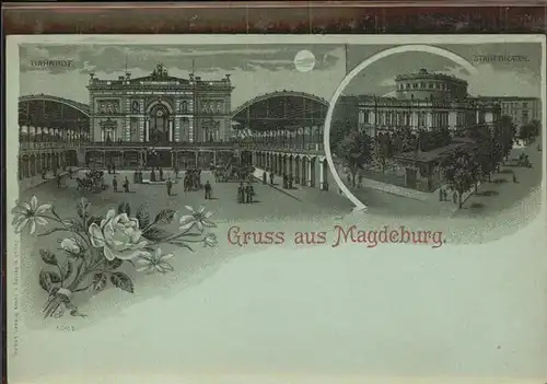 Magdeburg Sachsen Anhalt Bahnhof im Mondschein Stadttheater Kat. Magdeburg