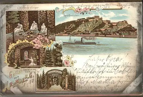 Arenberg Koblenz Eingang zum Oelberg Schlafende Juenger Christus Festung Ehrenbreitstein Rhein Dampfer Kat. Koblenz