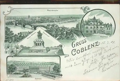 Coblenz Koblenz Panorama mit Eisenbahnbruecke Rhein Kaufhaus Schloss Denkmal Kaiser Wilhelm I Kat. Koblenz