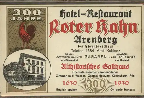 Arenberg Koblenz 300 Jahre Jubilaeum Roter Hahn Althistorisches Gasthaus Kat. Koblenz
