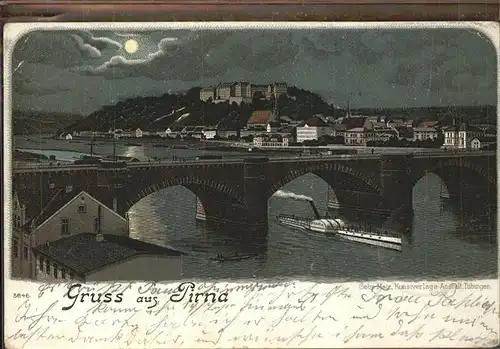 Pirna Panorama im Mondschein mit Schloss Sonnenstein Bruecke Dampfer Kat. Pirna