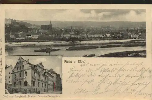 Pirna Panorama mit Schloss Sonnenstein Hotel zum Dampfschiff Kat. Pirna