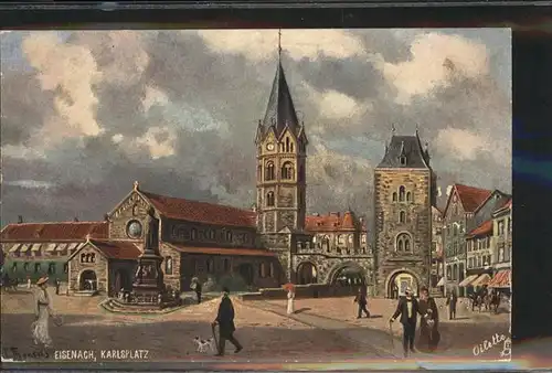 Eisenach Thueringen Karlsplatz mit Lutherdenkmal und Kirche Kuenstlerkarte Kat. Eisenach