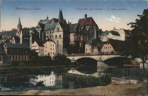 Marburg Lahn Universitaet und Schloss von der Lahn gesehen Kat. Marburg