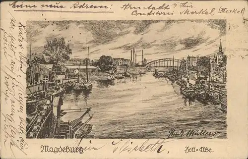 Magdeburg Sachsen Anhalt Elbe Schiffe Bruecke Kuenstlerkarte Muellers Kat. Magdeburg