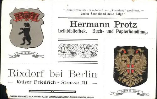 Rixdorf Berlin Hermann Protz Leihbibliothek Wappen / Berlin /Berlin Stadtkreis