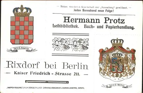 Rixdorf Berlin Hermann Protz Leihbibliothek Wappen Buchhandlung / Berlin /Berlin Stadtkreis