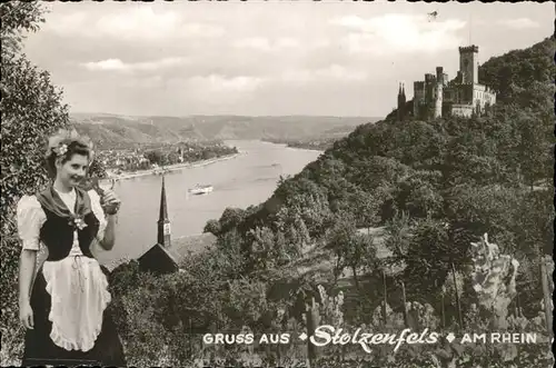 Stolzenfels Schloss mit Blick ueber den Rhein Trachten Kat. Koblenz