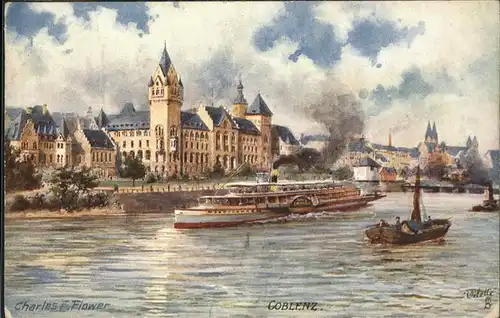 Coblenz Koblenz Panorama Rhein Dampfer Kuenstlerkarte Charles F. Flower Kat. Koblenz