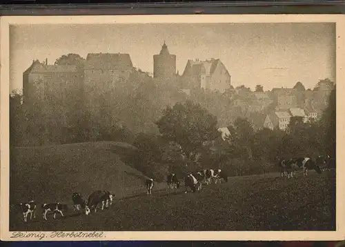 Leisnig Schloss im Herbstnebel Kat. Leisnig