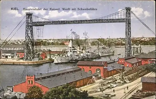Kiel Haupteinfahrt der Kaiserlichen Werft mit Schwebefaehre Dampfer Kat. Kiel