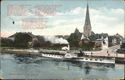 Holzminden Weser Ortsansicht mit Kirche und Frachter Kat. Holzminden