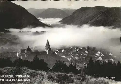 Mariazell Steiermark Panorama Blick uebers Tal im Nebel mit Hochschwab Noerdliche Kalkalpen Kat. Mariazell