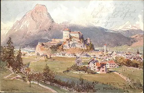 Kufstein Tirol Blick zur Festung mit Pendling und Bruennstein Brandenberger Alpen Kuenstlerkarte Kat. Kufstein