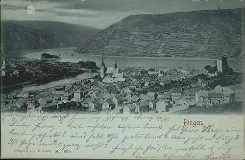 Bingen Rhein bei Nacht Mond Kat. Bingen am Rhein