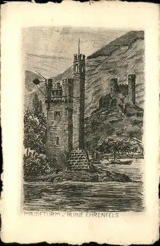 Bingen Rhein Maeuseturm Ruine Ehrenfels Kuenstlerkarte Kat. Bingen am Rhein