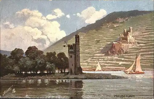 Bingen Rhein Maeuseturm Burg Schiffe Kuenstlerkarte Kat. Bingen am Rhein