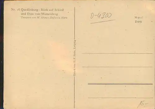Quedlinburg Harz Sachsen Anhalt Schloss Dom Muenzenberg Kuenstlerkarte Tempera M. Schewe Kat. Quedlinburg
