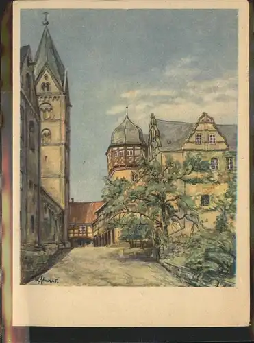 Quedlinburg Harz Sachsen Anhalt Schloss Dom Kuenstlerkarte Tempera M. Schewe Kat. Quedlinburg