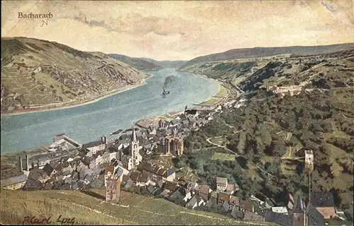 Bacharach Rhein Kuenstlerkarte Rhein Schiffe Weinberge Kat. Bacharach