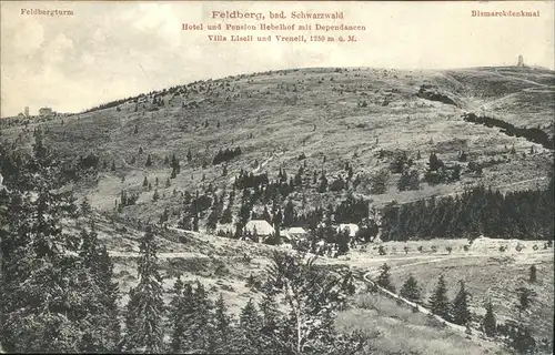 Feldberg Schwarzwald Hotel Pension Hebelhof Villa Liseli und Vreneli Blick zum Feldberggipfel mit Bismarckdenkmal und Feldbergturm Kat. Feldberg (Schwarzwald)