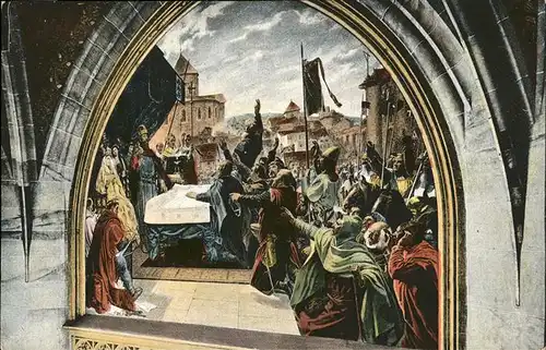 Aachen Gemaelde von Alb. Baur Die Aachener leisten Barbarossa den Eid im Rathhaus Kat. Aachen