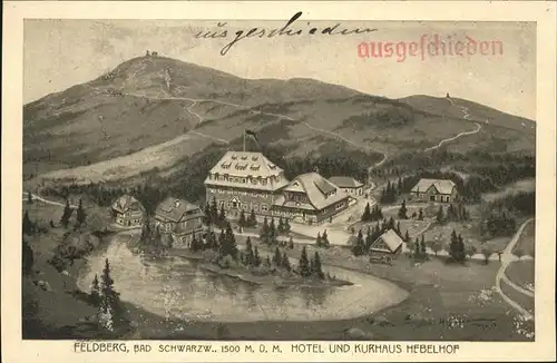 Feldberg Schwarzwald Hotel und Pension Hebelhof Strandbad Blick zum Feldbergturm und Bismarckdenkmal Stempel auf AK Kat. Feldberg (Schwarzwald)