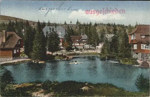 Feldberg Schwarzwald Hotel und Pension Hebelhof mit Dependancen Villa Liseli und Vreneli Teich Stempel auf AK Kat. Feldberg (Schwarzwald)