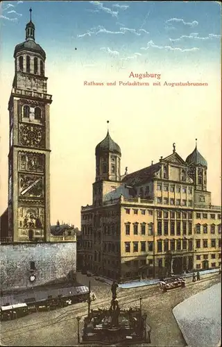 Augsburg Rathaus und Perlachturm mit Augustusbrunnen Kat. Augsburg