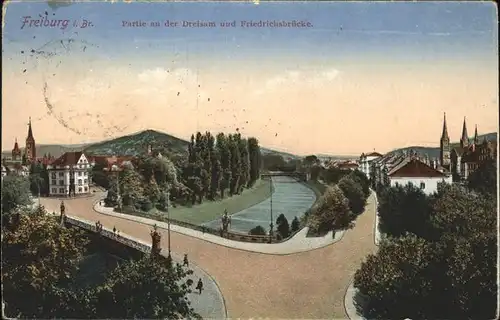 Freiburg Breisgau Partie an der Dreisam und Friedrichsbruecke Kat. Freiburg im Breisgau