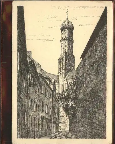 Augsburg Afragaesschen mit St Ulrich Zeichnung Kat. Augsburg